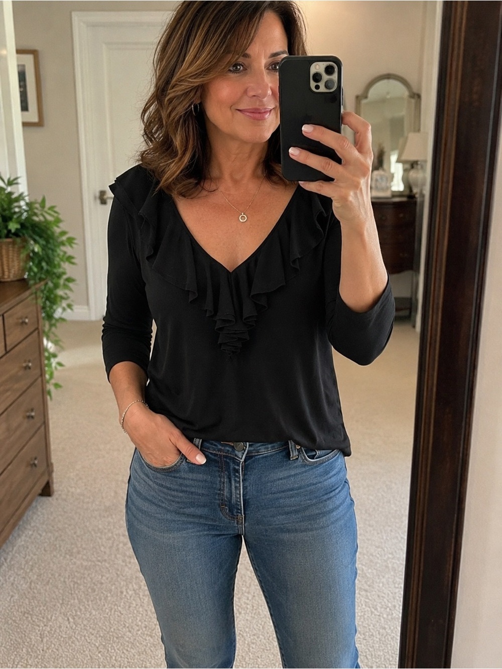 Chaps Black Ruffle V-Neck Long Sleeve Blouse